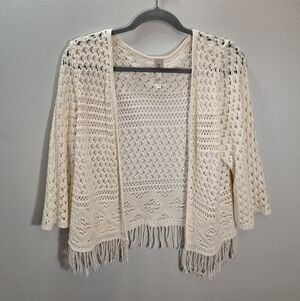 Y2K Ivory Fairy Open Front Crochet Knit Cardigan Fringe Cottage Dainty Large USA